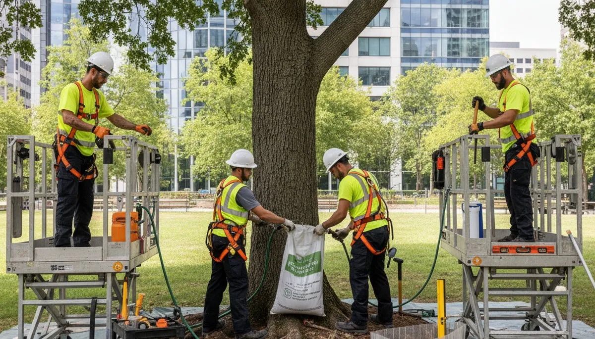 Tree service crew providing root protection for trees in Albany, NY