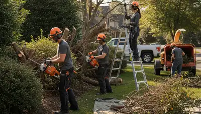 Albany, NY tree crew removing overgrown shrubs on a residential property