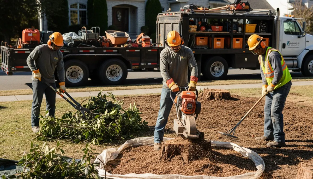 Albany, NY tree crew removing overgrown shrubs for safe, efficient shrub removal service