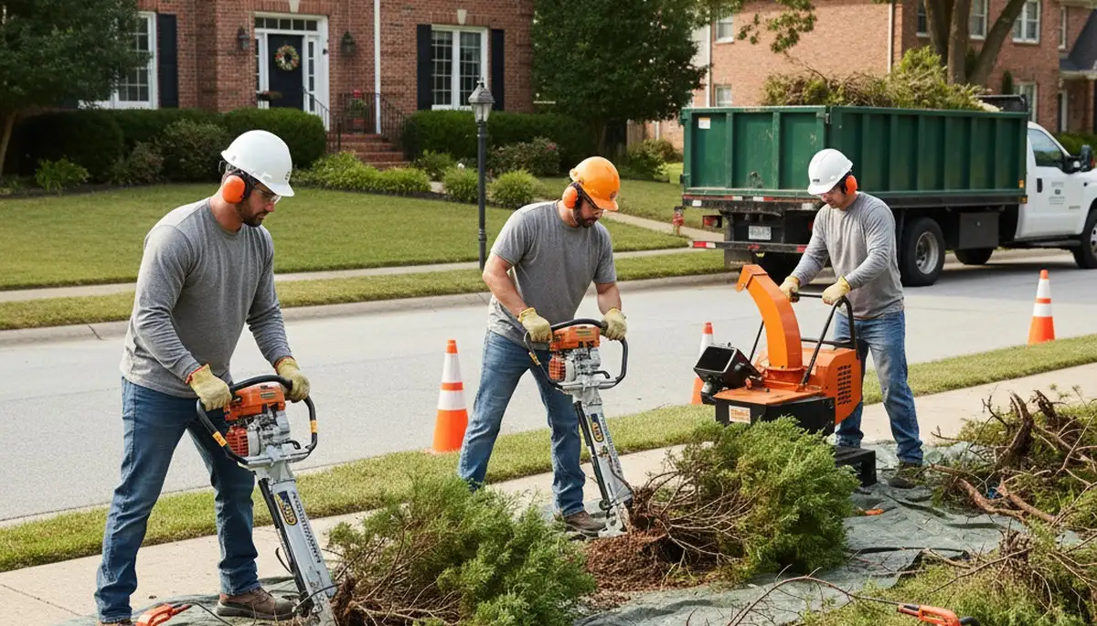Albany, NY tree service crew removing overgrown shrubs for safe, efficient property cleanup