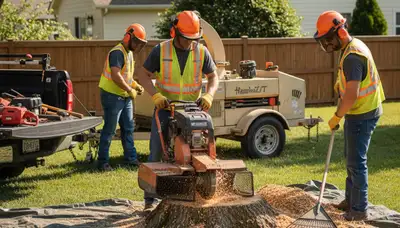 Tree service crew removing a stump in Albany, NY for safe, thorough stump removal.