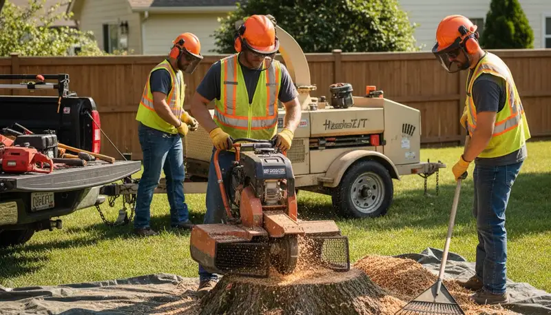 Tree service crew removing a stump in Albany, NY for safe, thorough stump removal.