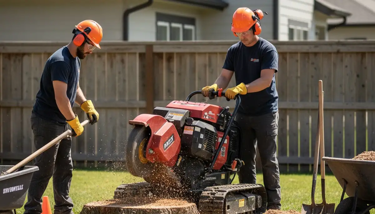 Stump removal service in Albany, NY clearing an old tree stump from a residential yard