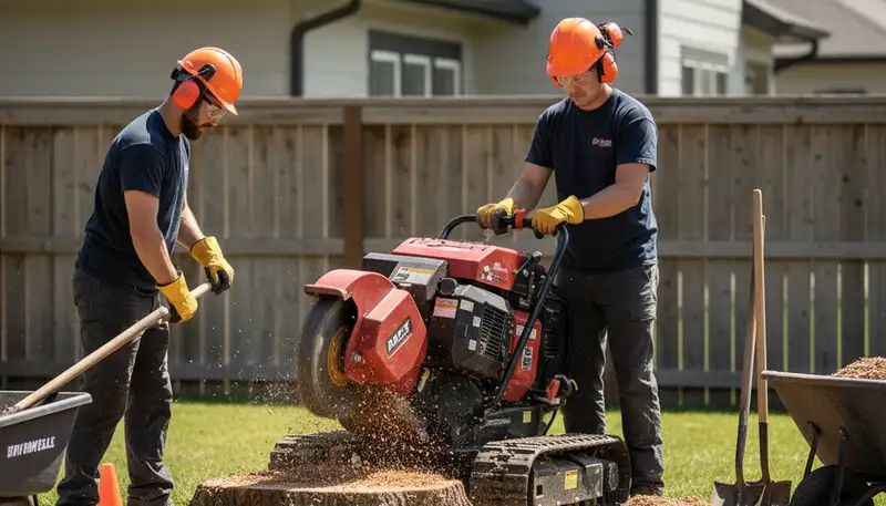 Stump removal service in Albany, NY clearing an old tree stump from a residential yard