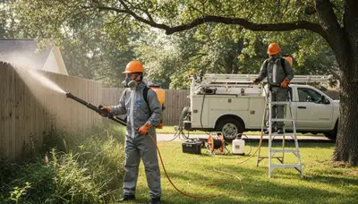 Tick control technician treating yard in Albany, NY for tree service pest protection